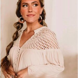 Gimmicks by BKE Crochet Yoke Henley Peasant Top